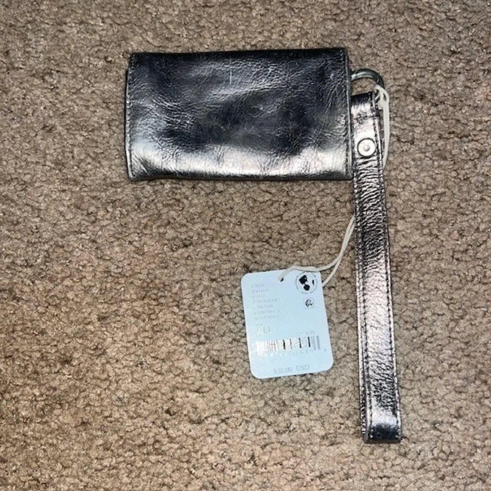 Free People Leather Wristlet Lanyard‎ Wallet Metallic Silver